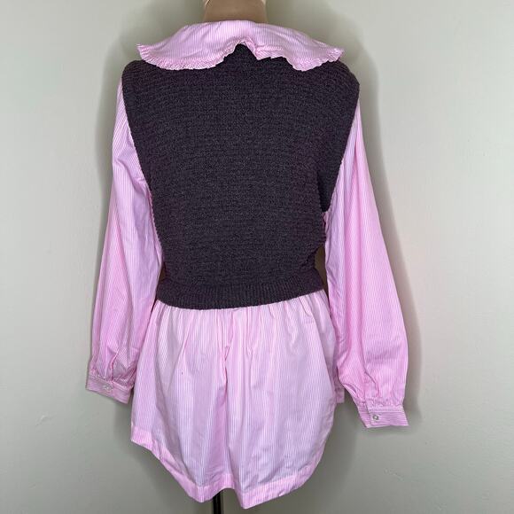 Anthropologie Maeve Layered Sweater Vest Top Medium Women Brown Pink Poplin Knit - Picture 4 of 11